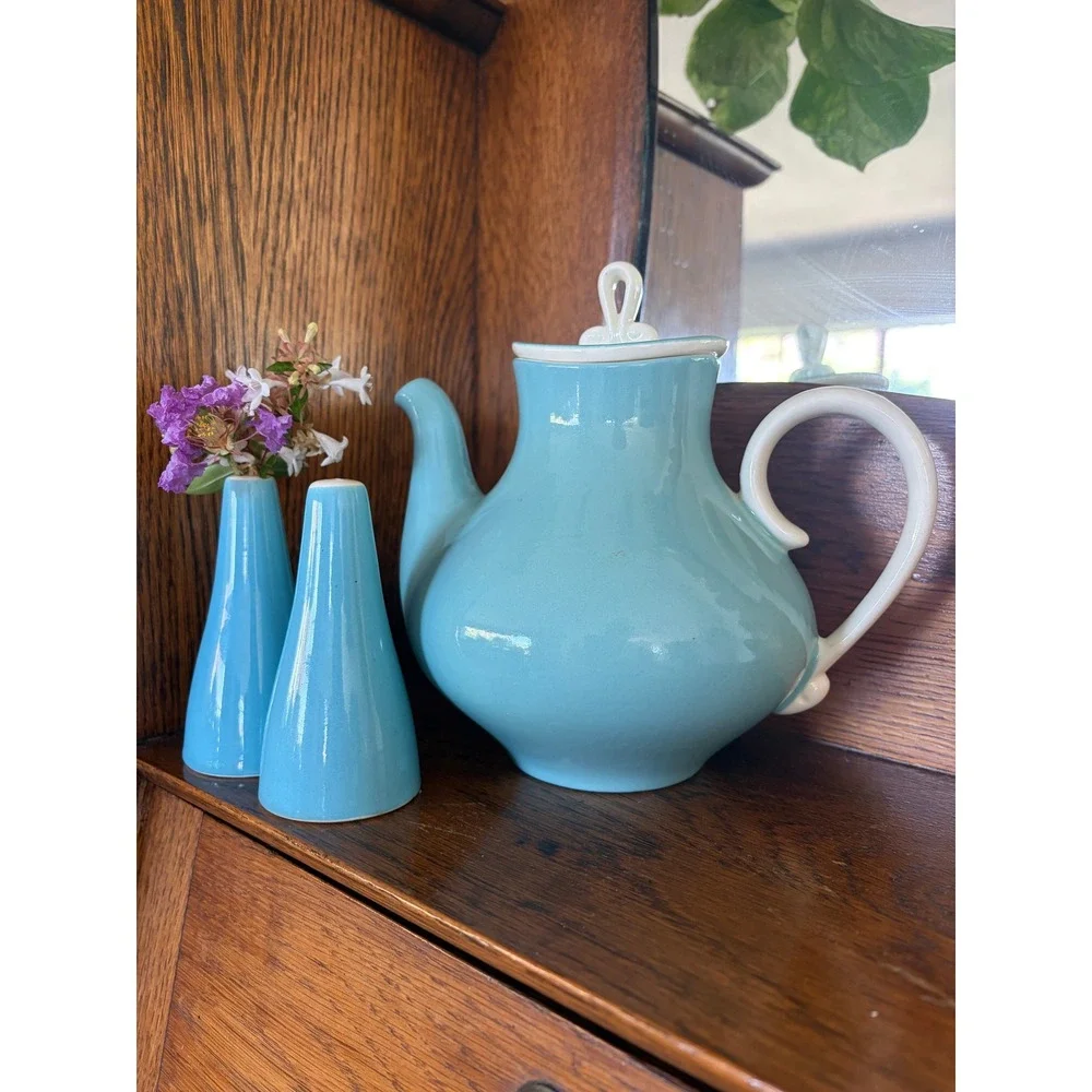 Vintage Mid Century Modern Turquoise Blue Ceramic Teapot & Shaker Set MCM Retro